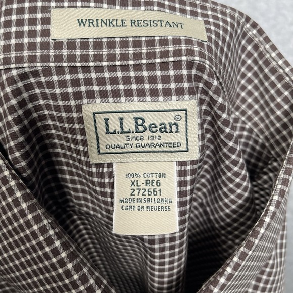 LL Bean XL Brown Checkered Button Down Long‎ Sleeve Wrinkle Resistant - Picture 4 of 8